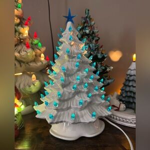 Vintage Ceramic Christmas Tree, White with Blue Lights